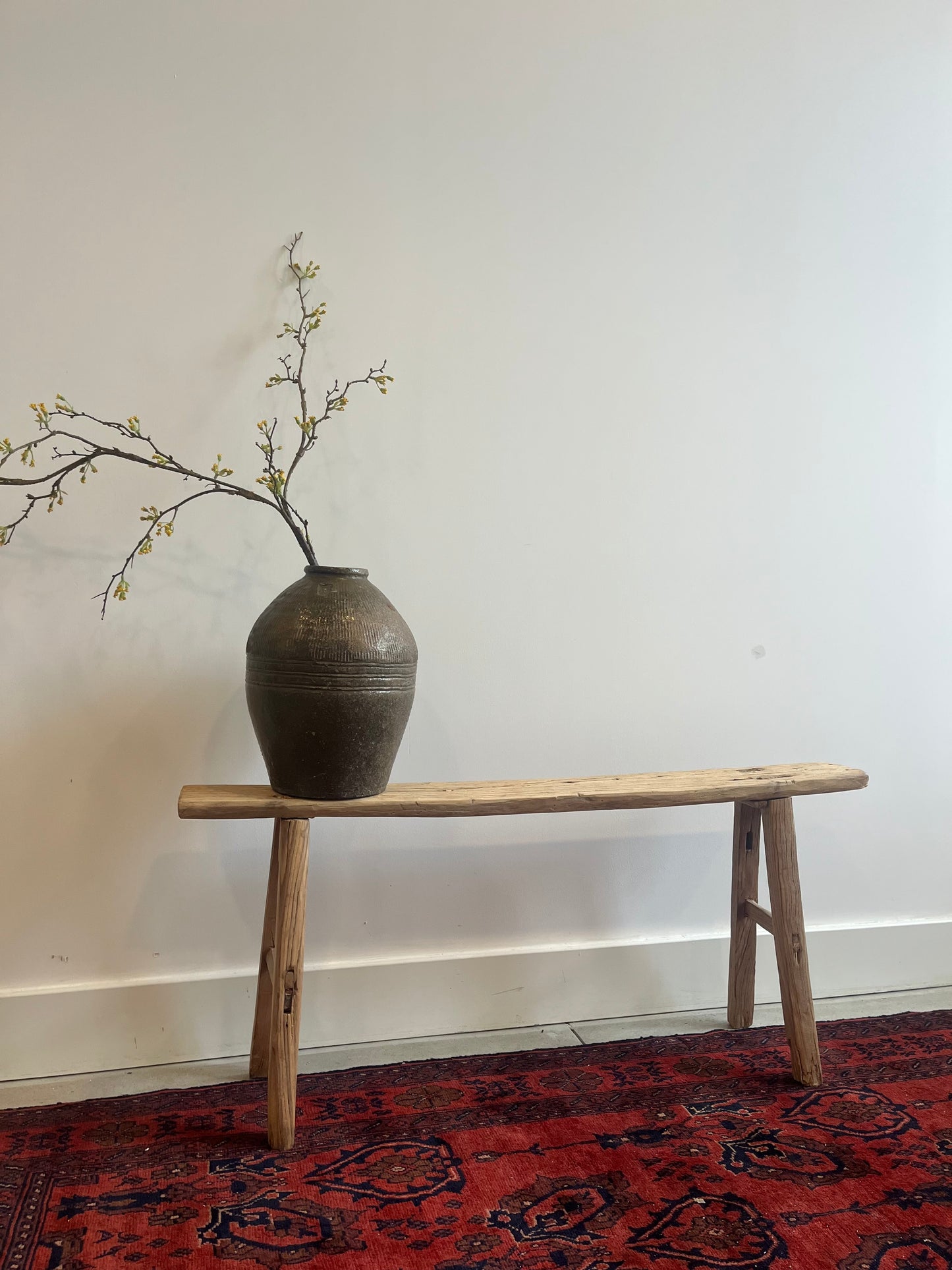 Skinny vintage elm bench, short