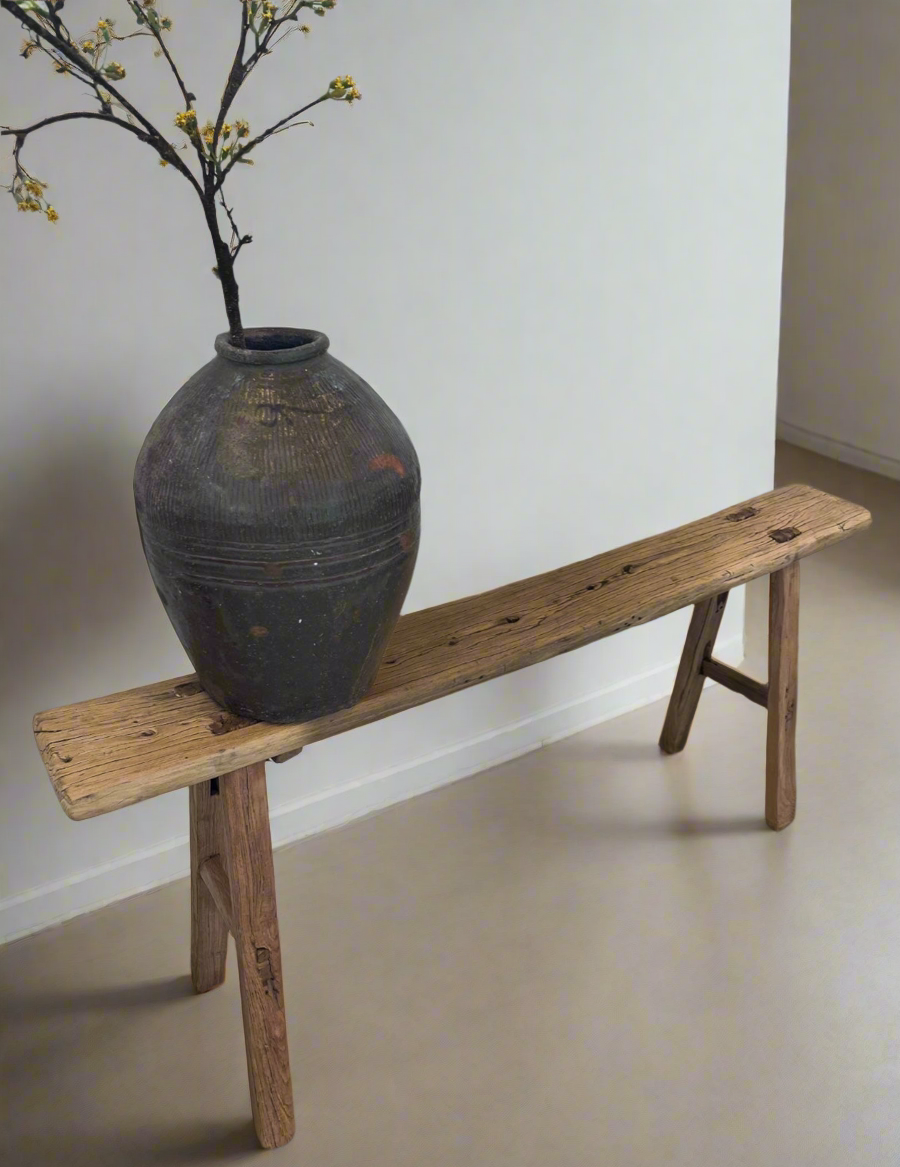 Skinny vintage elm bench, short