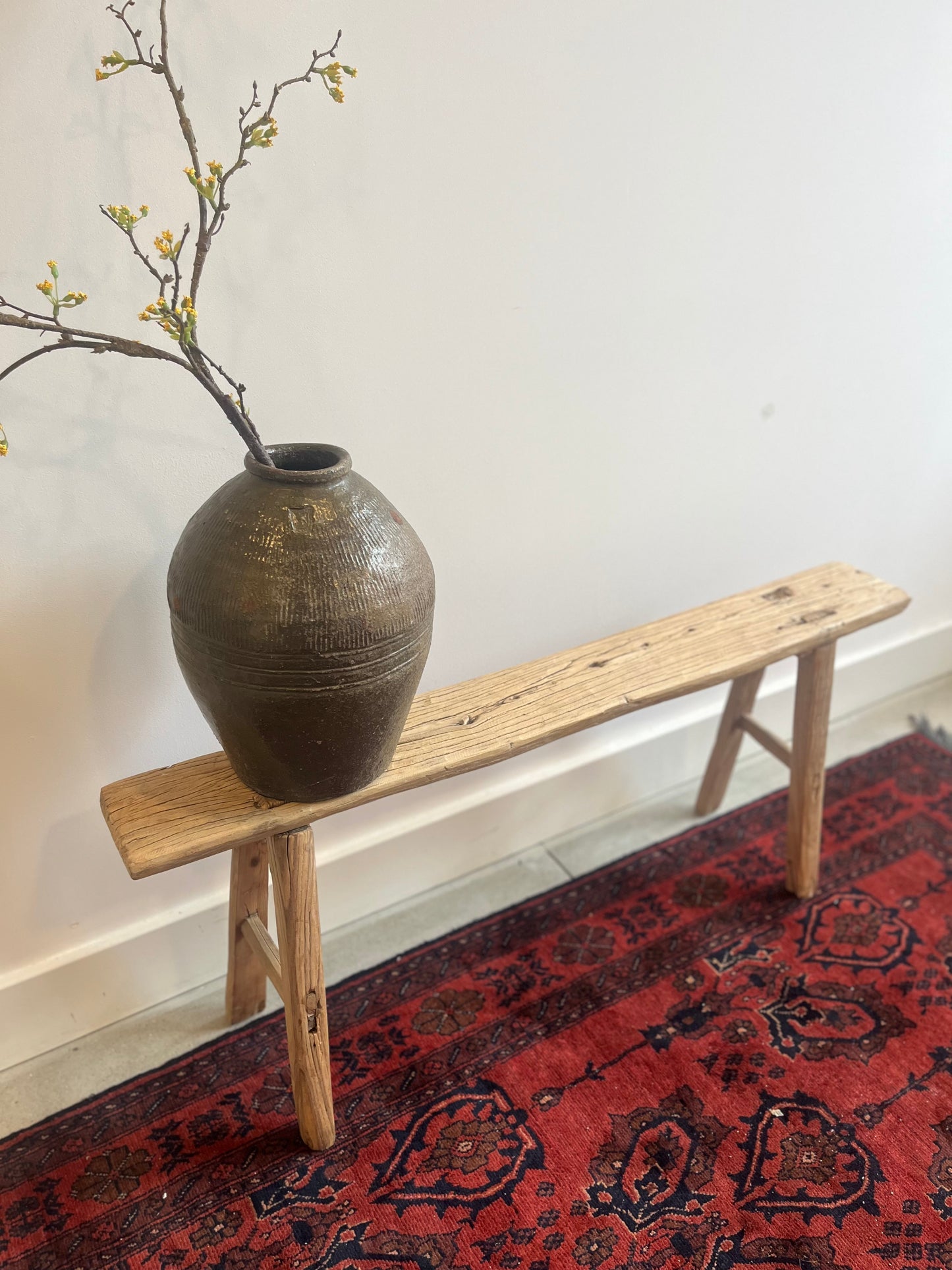 Skinny vintage elm bench, short