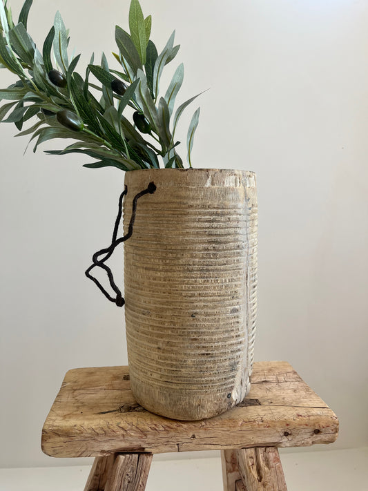 Bleached Vintage Teakwood Pot With Rope Handle, Medium No. 001