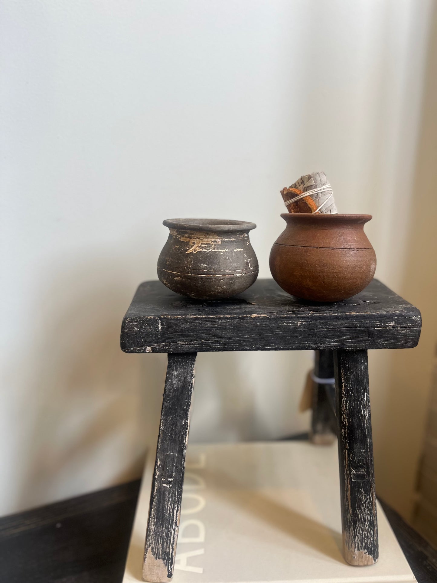 Reclaimed vintage mini stool, weathered black