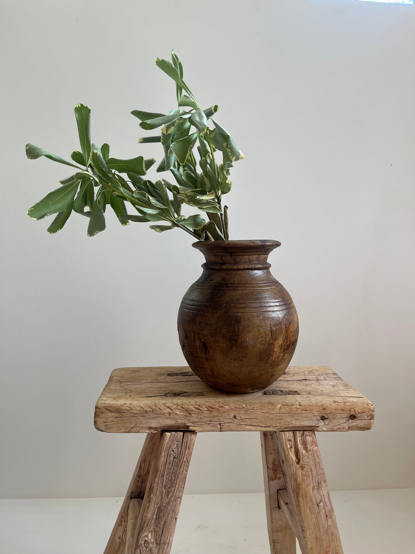 Waxed Natural Vintage Teakwood Vase, Small No. 002