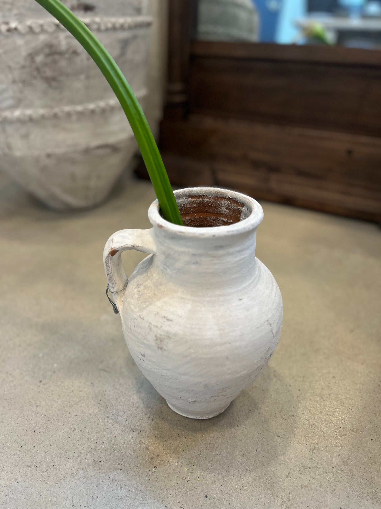 Whitewashed vintage Turkish 1 handled vessel