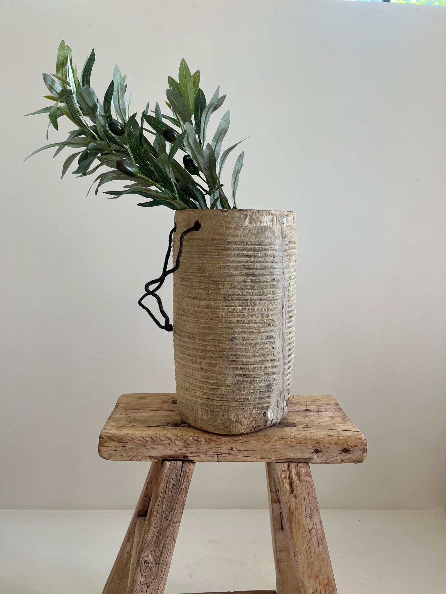 Bleached Vintage Teakwood Pot With Rope Handle, Medium No. 001