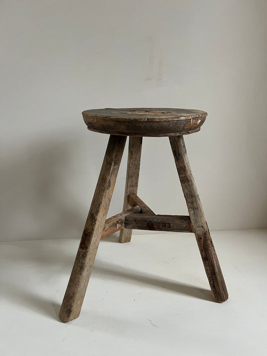 Vintage Round Elm Stool I