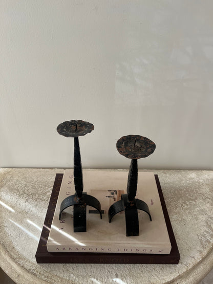 Brutalist Forged Iron Candlestick Pair