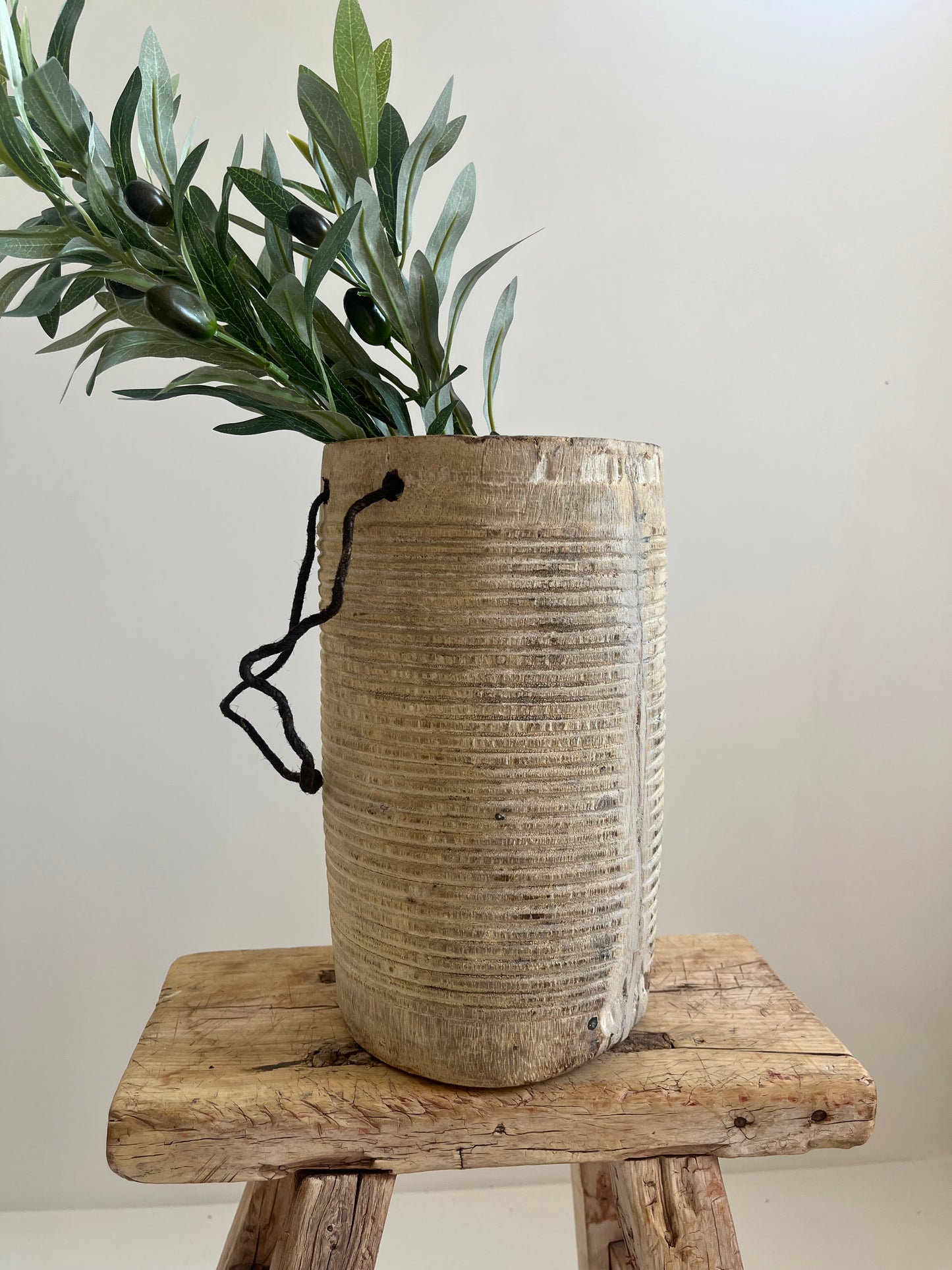 Bleached Vintage Teakwood Pot With Rope Handle, Medium No. 001