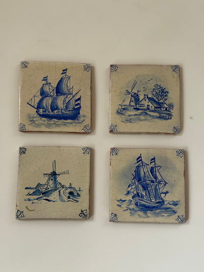 Antique Delft Tiles - Ships & Windmills, Set of 4