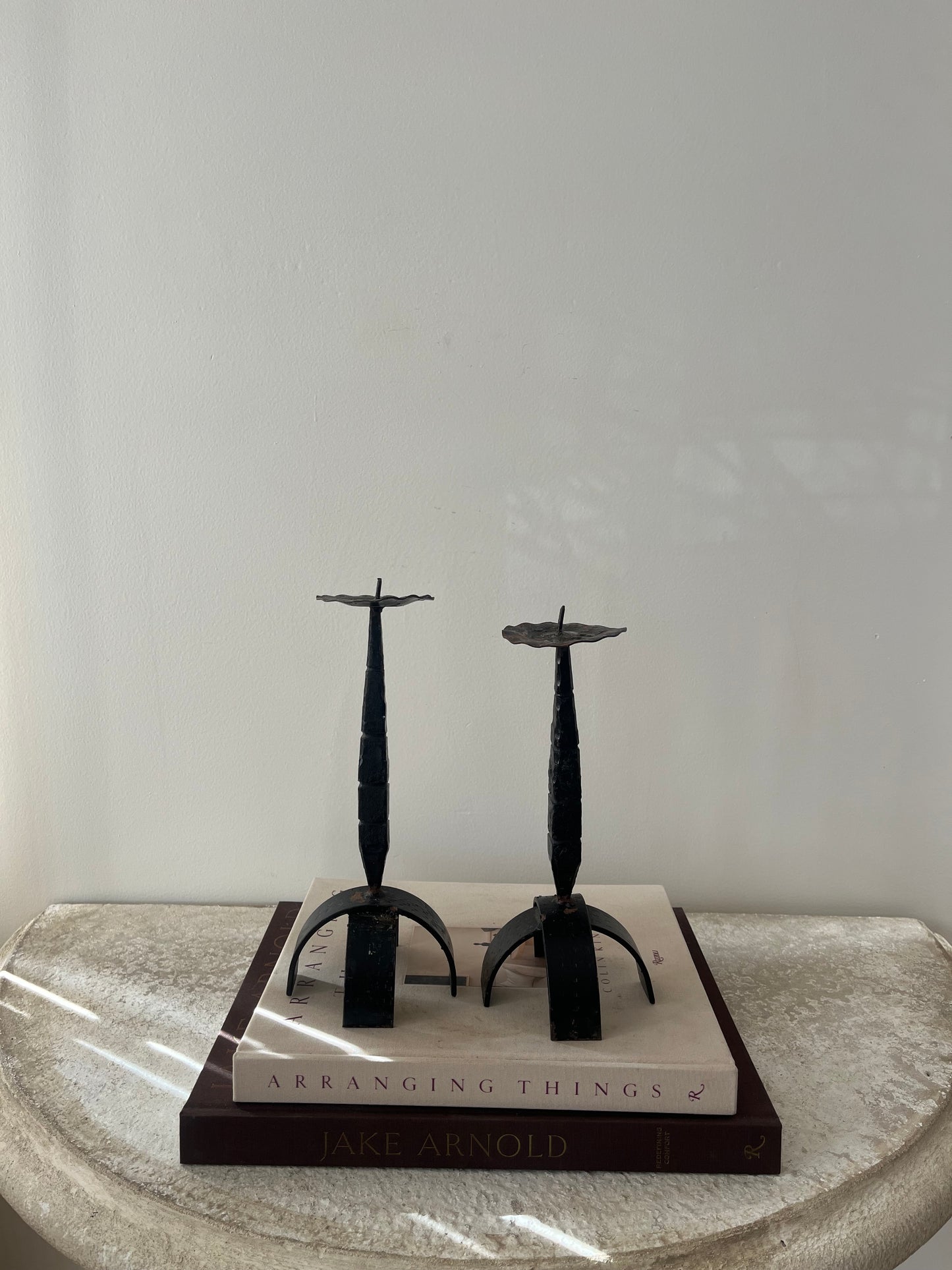 Brutalist Forged Iron Candlestick Pair