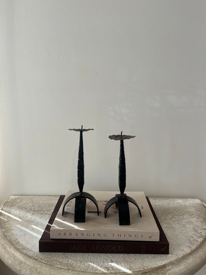 Brutalist Forged Iron Candlestick Pair