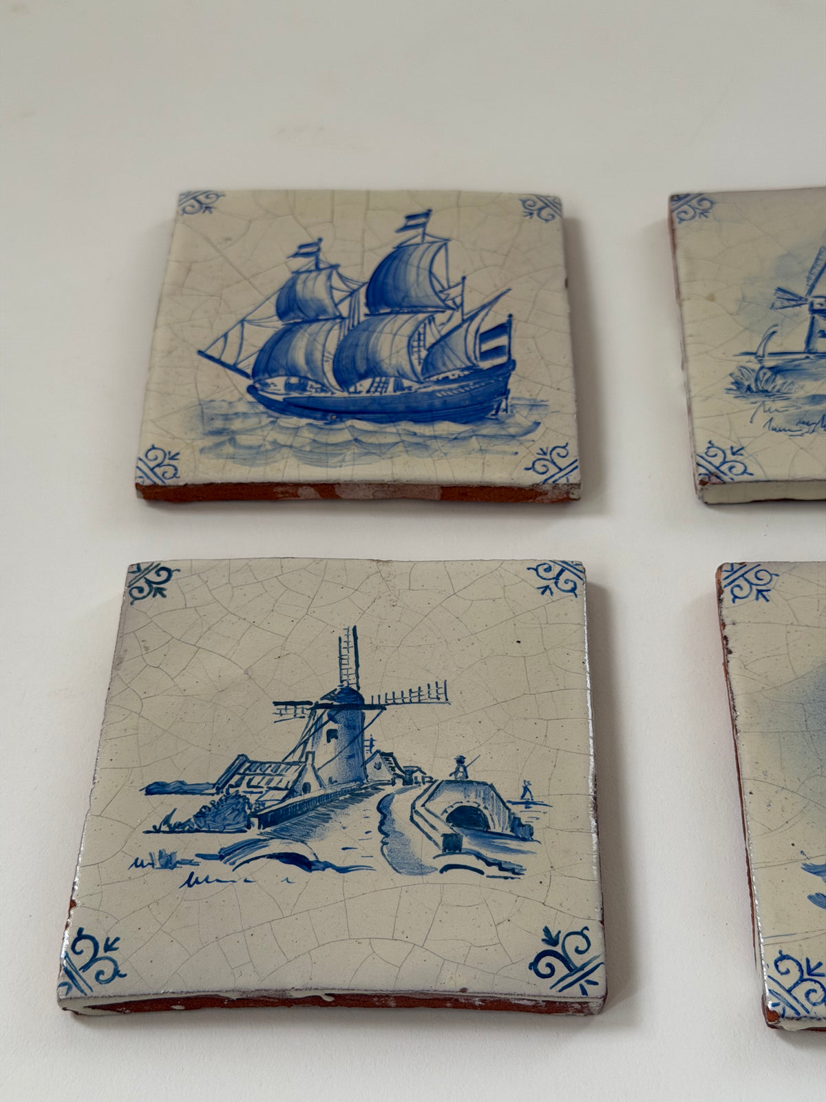 Antique Delft Tiles - Ships & Windmills, Set of 4