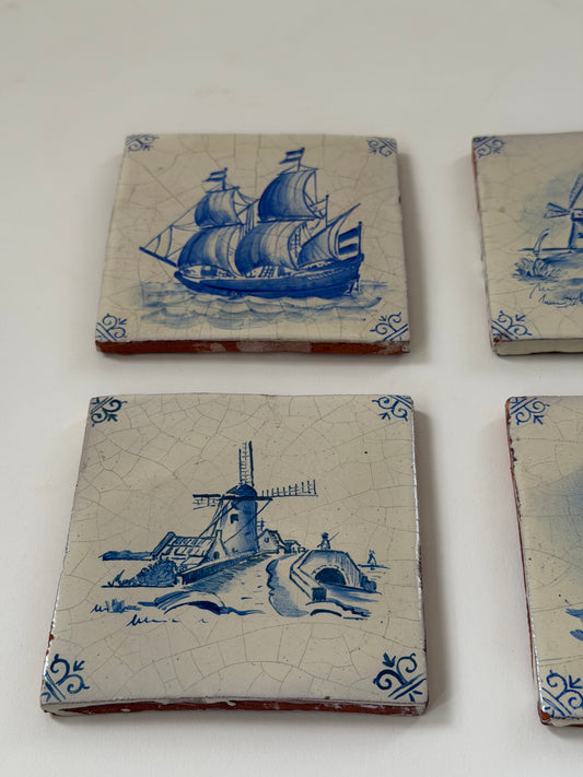 Antique Delft Tiles - Ships & Windmills, Set of 4