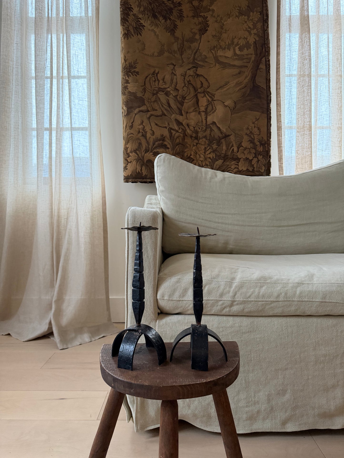 Brutalist Forged Iron Candlestick Pair