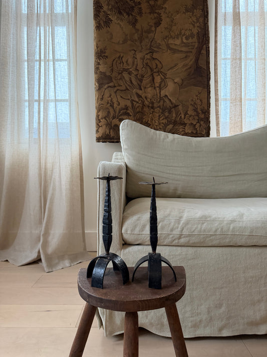 Brutalist Forged Iron Candlestick Pair