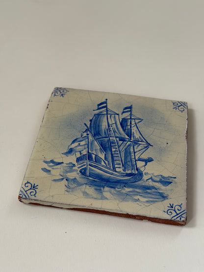 Antique Delft Tiles - Ships & Windmills, Set of 4