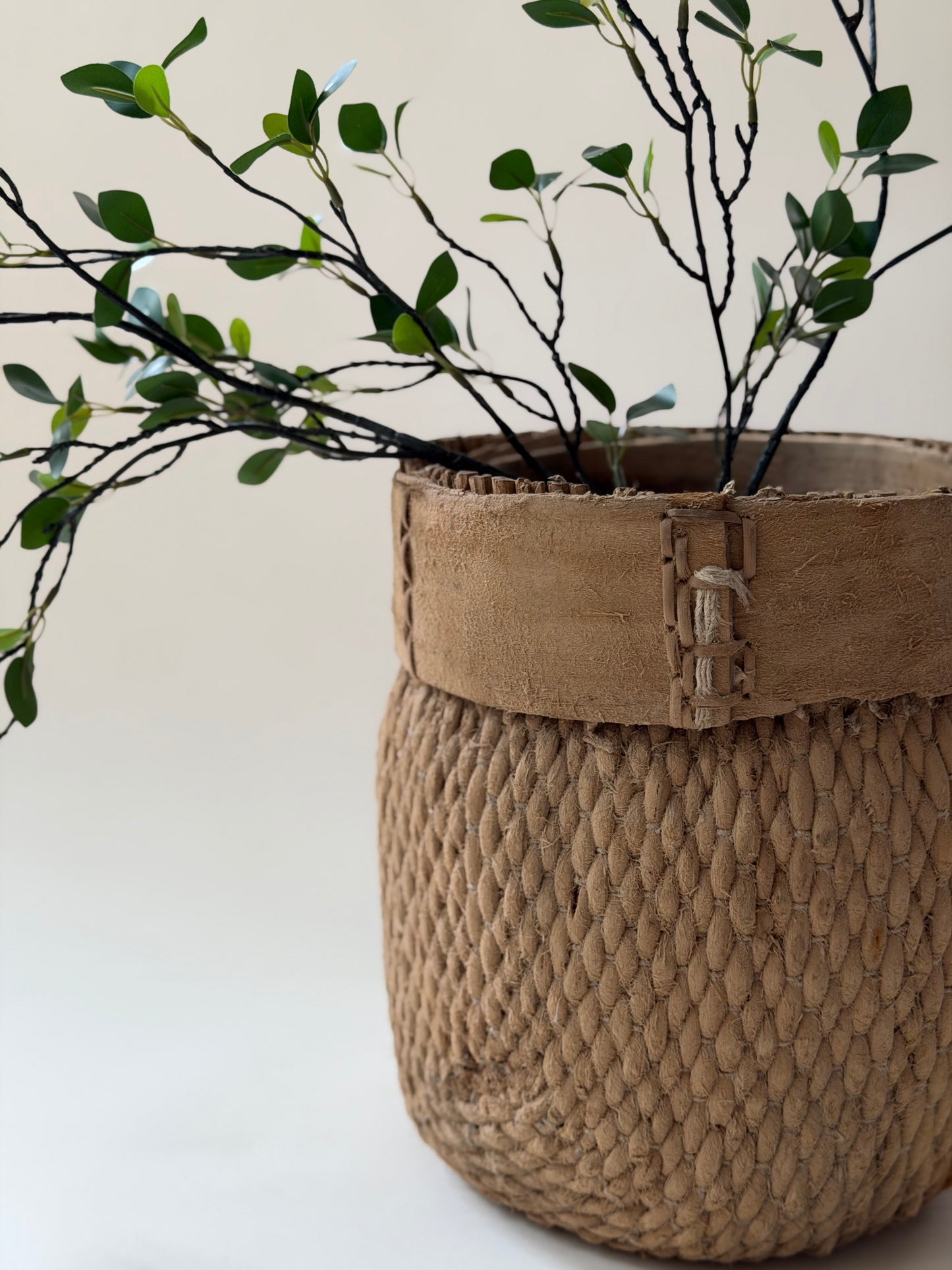 Vintage Woven Basket - Hand Stitched Detail